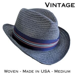 VTG Haband Fedora Hat Medium 22" Gray Straw Blue Striped Hatband Made in USA